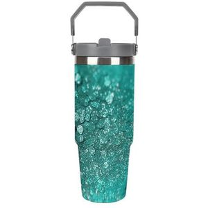 30 oz roestvrij staal geïsoleerde beker met klapdeksel en rietje, lekvrije reismok voor auto, turquoise glitter dubbelwandige vacuüm thermische koffiekop met handvat, morsbestendig ontwerp voor