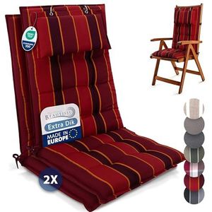 Beautissu Set van 2 Premium Hoge Rugleuning Kussen met Hoofdkussen 120x50 cm Sun-HL – UV-bestendig & 8cm Dik Kussen Tuinstoelkussen Antislip Bevestigingsbanden – Stevige Stof Rood Gestreept