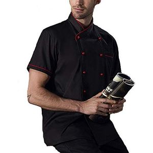 YWUANNMGAZ Unisex chef-kok jas korte mouw, mannen vrouwen koken jas restaurant ober uniform, keuken bakker dragen shirts catering bakkerij kleding (kleur: zwart, maat: A (L))