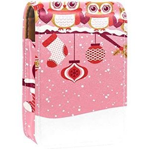 Kerst Uilen Draagbare Lipstick Case voor op reis, Mini Lipstick Opbergdoos met spiegel voor vrouwen dames, Lederen Cosmetische Pouch, Meerkleurig, 9.5x2x7 cm/3.7x0.8x2.7 in