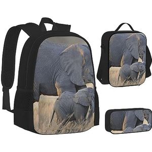 BONDIJ Olifant-blauwe zwarte rugzakken voor school met lunchbox etui, waterbestendige tas voor jongens meisjes leraar geschenken, Olifant Aardse Dier, Eén maat