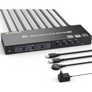 USB3.0 KVM Switch HDMI 4 poorten 4K@60Hz Simulatie EDID, ESKEVE KVM Switch 4 pc 1 monitor 2K@120Hz voor 4 pc Share 1 monitoren en 4 USB3.0-apparaten, met bedrade afstandsbediening en HDMI+USB3.0-kabel