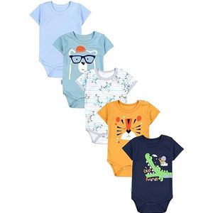 TupTam Baby Jongens Romper met Korte Mouwen 5-Pack, Krokodil/Donkerblauw/Tijger/Mosterdgeel/Zebra/Blauw, 98
