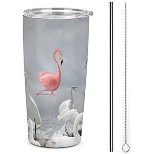 Flamingo En Witte Vogel Reizen Koffie Mok Rvs Tumbler Met Deksel En Stro Geïsoleerde Cup Voor Auto Thuis 17oz