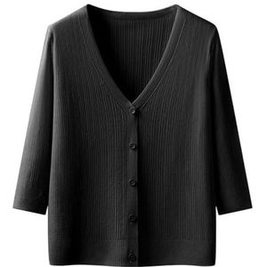 kumosaga Dames Ice Silk Cooling Knit vest, 3/4 mouwen V-hals Sun Knit Cardigan, lichtgewicht dun airconditioning shirt for dames (Color : Noir, Size : F(37-60kg))