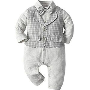 Baby Gentleman Jumpsuit Pasgeboren Lange Mouw Strikje Tuxedo Outfits Romper Onesie Lichtgrijs 6-9 Maanden/90