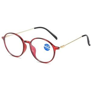 SHXSYN Presbyopie KY814 Antiblauw licht leesbril TR90 leesbril met metalen been en ovaal montuur, rode box, Eén Maat