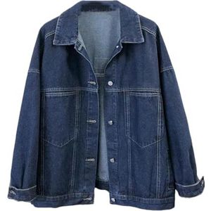 Pegsmio Vintage Denim Jas Vrouwen Losse Mid Lengte Cowboy Uitloper Koreaanse Big Pocket Jeans Jas, Donkerblauw, one size