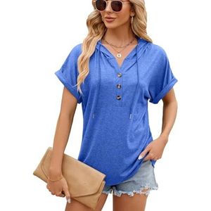 Casual hoodies for dames met korte mouwen, T-shirts met V-hals, losvallende blouses(Blauw,XXL)