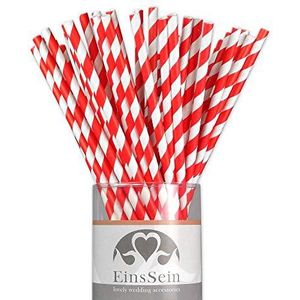 EinsSein 25x Papieren rietjes Stripes L 19,5cm wit-rood rietje paper straws biologisch afbreekbaar feest cocktails gestreept natural afbreekbare hartjes bruiloft cake pops sticks drankje partij