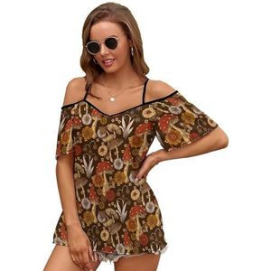 Paddestoelen en bloemen in retro stijl dames zomer koude schouder tops korte mouw T-shirts blouse, Stijl-7, XXL