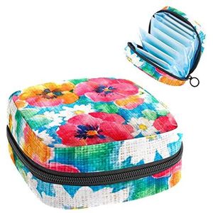 Hand Getrokken Retro Kleurrijke Bloemen Achtergrond Print Periode Tas voor Tiener Meisjes Vrouwen Dame, Maandverband Opbergtas met Rits Nylon Draagbare Opslag Menstruatie Pad Tas