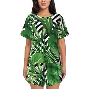 YQxwJL Groene Bladeren Van Palmboom Tropische Plant Print Vrouwen Pyjama Sets Shorts Korte Mouw Lounge Sets Nachtkleding Casual Pjs Met Zakken, Zwart, XL