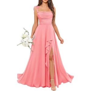 Dames chiffon bruidsmeisjes jurken met split lange galajurken ruches cocktailjurk plus size, Koraal, 32