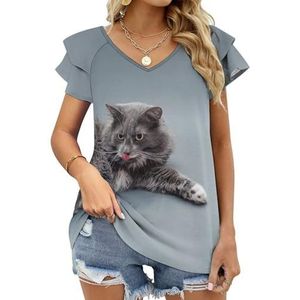 Mooie Grijze Kat Met Tong Grafische Blouse Top Voor Vrouwen V-hals Tuniek Top Korte Mouw Volant T-shirt Grappig