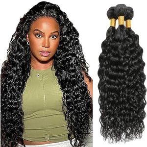 Salharer Water Wave Human Hair Bundles 3 Extension 50g/Per Machine Double Wefts Unprocessed Remy Weave Natural Black Color for Woman 30 32 34 Inch