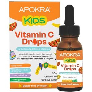 Vitamine C Druppels - Veganistisch - Voorraad voor 60 Dagen – 30mL – Zonder Conserveringsmiddelen en Suikervrij Vitamine C voor Kinderen - VIT C 25mg per 0,5mL | APOKRA Kids