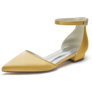 Dames Gespitste Satijnen Bruidsschoenen Platte Lage Hakken Enkelband Ivoor Bruidsschoenen,Goud,35 EU