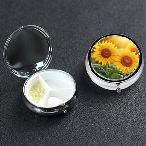 Zonnebloem Bloemen Pil Doos 3 Compartiment Ronde Draagbare Pil Case voor Pocket of Portemonnee Pil Houder Wekelijkse Pil Organizer Decoratieve Metalen Geneeskunde Vitamine Organizer Reizen Gift