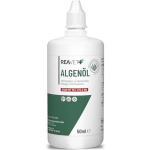 ReaVET Omega-3-algenolie voor honden, katten, paarden, 50 ml, hoge dosis en veganistische omega-3-olie, voerolie van algen, ondersteunt gewrichten, stofwisseling, vacht en huid
