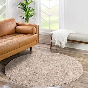 carpet city hoogpolig tapijt - zand-beige - langpolig woonkamertapijt - effen modern - pluizig zachte tapijten slaapkamer decoratie 160 x 160 cm rond