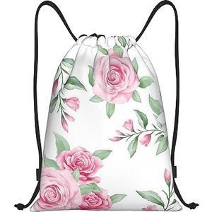 BTCOWZRV Trekkoord Rugzak Wit Aquarel Bloemen Rose Print Waterdichte String Bag Verstelbare Gym Sport Sackpack, Zwart, Medium
