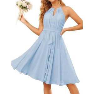 WSEYU Halter Schoolgala Jurken voor Tieners Korte Chiffon Bruidsmeisje Afstuderen Cocktail Party Jurk met Zakken ZM205, Lichtblauw, 32