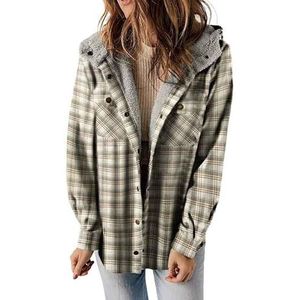 KIKIATA Dames geruite print knop voorkant capuchon jas, flanel shacket jas lange mouw button down fleece capuchon jassen warme herfst winter jas casual werk (grijs, XXL)