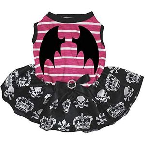 Petitebelle Halloween Duivel Roze Wit Gestreept Shirt Schedel Tutu Puppy Hond Jurk, Small, Roze Gestreept