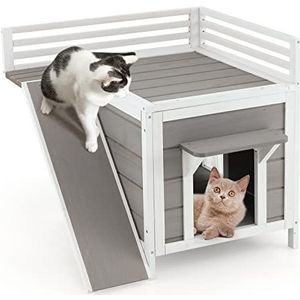 COSTWAY Hondenhok, voor binnen en buiten, hout, kattenhuis met balkon, helling en deur, weerbestendig, houten hok, kleine dieren, 2 verdiepingen, hok voor honden en katten, grijs + wit