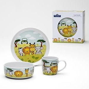 VAN WELL Safari Kinderserviesset, 3-delig porseleinen servies met diermotieven, met beker, schaal en bord, ideaal als cadeau