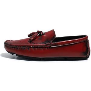 Heren loafers schoen ronde neus veganistisch leer brogue reliëf met kwast rijden loafers antislip platte hak comfortabele outdoor instappers (Color : Red, Size : 43 EU)