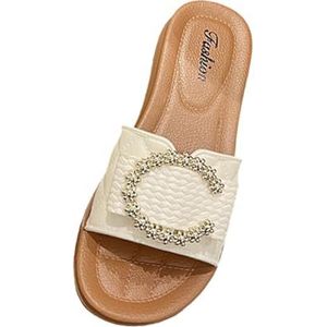 LOVIVER Slip-on sandalen Damesdia's Dames antislipzolen Jurken Slides Comfortabel zacht strand Zomerslippers Dames platte sandalen, Wit Lengte 23.5 cm