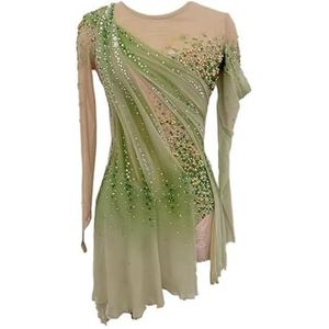 Dames artistieke schaats danskleding Professionele schaatsjurk voor meisjes Figuur Skate Sports Competition Rok Lange mouw Ritmische gymnastiek Tape,Groen,11_13Years