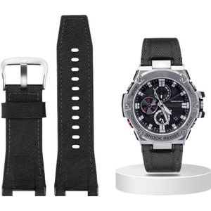 Canvas lederen horlogeband geschikt for Casio G-SHOCK GST-B100 S130 W300GL 400G W330 GST-W120L s120 W130L S100 Serie horloge accessorie (Color : Black canvas silver, Size : 26mm)