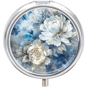 Blauwe en witte bloemen pillendoos medicijnpillenorganisator 3 compartimenten dagelijkse pillendoos kleine pillencontainer ronde pillenhouder reizen pillendoos metalen pillendoosje voor portemonnee