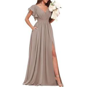 Chiffon bruidsmeisjesjurken voor dames, voor bruiloft, met split, avondgalajurken, cocktailjurken, grote maten, Taupe, 32