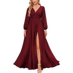 KURFACE Bruidsmeisjesjurken met lange mouwen en split geplooide chiffon formele jurk met mouwen formele jurk, Bordeaux, 32