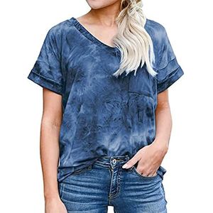 Dames Tie Dye Print Korte Mouw T-shirt V-hals Basic Zomer Tee Tops Dames Tie Dye Print Casual Losse Shirts met Pocket T-shirts voor Vrouwen Tuniek Tops Casual V-hals Losse Zomer Basic Tee Shirts, H-blauw 1, XL