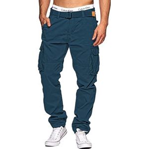 Indicode William Cargobroek voor heren, katoen, incl. stoffen riem, regular fit, cargobroek, katoenen broek, vrijetijdsbroek, wandelbroek, trekkingbroek, outdoorbroek voor mannen, blauw, L