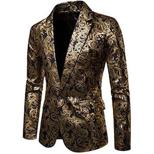 DSDFSVEW Gouden blazer met bloemenprint voor heren, zakelijk casual pak, trouwjurk, gouden blazer, Goud, XXL