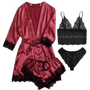 Lingerieset met badjas, kanten damesjas - 4-delige nachtkleding voor dames - Zacht ademend nachthemd pyjamaset voor dames, meisjes voor thuis, hotel