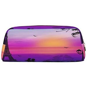 Grote Capaciteit Lederen Etui Kleurrijke Cartoon Paarden Briefpapier Potlood Tas Make-up Pouch Draagbare Kantoorbenodigdheden Tas voor Tieners Meisjes Volwassenen, Valentijn Parijs Eiffeltoren Romantisch Paar Koets Zonsondergang, Pencil Bag, Schoonheid Case