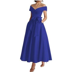 WSEYU Off Shoulder Moeder van De Bruid Bruidegom Jurken Satijn Boog Formele Avond Grootmoeder Jurken Thee Lengte ZM289, koningsblauw, 32