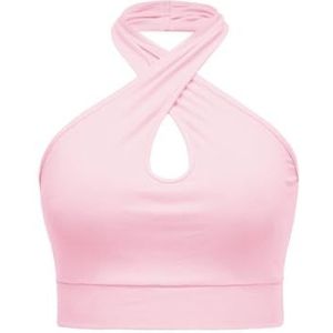 Ribgebreide Camis voor Dames, Gekruiste Halter Crop Top Zonder Rug, Zomers Effen Slank Vest(Color:Pink,Size:S)