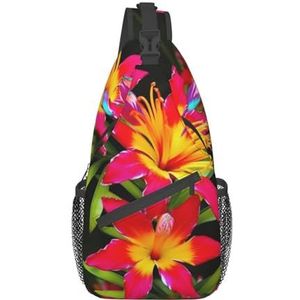 RLDOBOFE Hawaiiaanse kleurrijke bloemenprint kruis borsttas sling rugzak crossbody schoudertas reizen wandelen dagrugzak unisex, Zwart, One Size