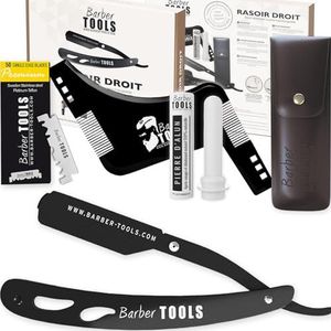 Scheerset voor mannen - Scheermes voor mannen/open scheermes - met 50 Enkele Mesjes + Doek + Aluin Stick + Opbergetui + Kamgeleider voor scheren -ZWART- BARBER TOOLS