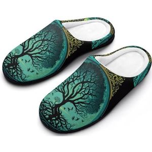 Interessante Persoonlijkheid Nordic Viking Platte Schoenen, Binnen Woonkamer Casual Slip on Katoenen Pantoffels, Traagschuim Pantoffels voor Mannen(Tree of Life,13-14(46-47))