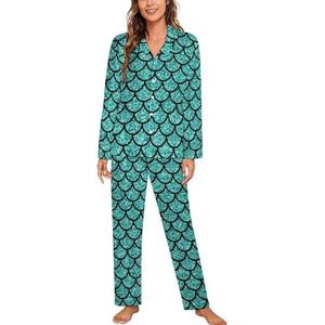 Aquamarijn Glitter Scals Lange Mouw Pyjama Sets Voor Vrouwen Klassieke Nachtkleding Nachtkleding Zachte Pjs Lounge Sets