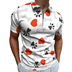 I Love Dog Thema Bone And Foot poloshirt voor heren, casual T-shirts met ritssluiting en kraag, golftops, slim fit